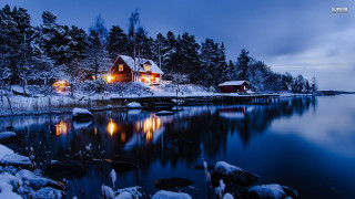 Snowy night lake house fireworks - a snowy night free wallpaper