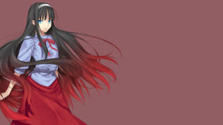Woman reddress sword longhair portrait - long dark hair free wallpaper