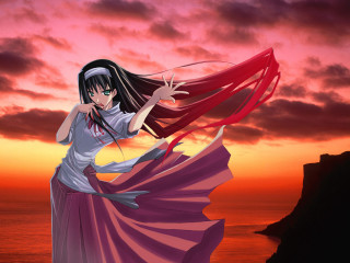 Woman long dress cliff sunset - a long dress free wallpaper