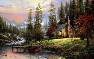 Cabin river boat background painting - edward lamson henry free wallpaper