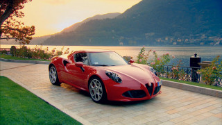Red sports car driveway lake - a lake and mountains free wallpaper for desktop