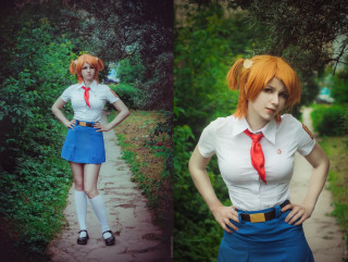 Red haired woman park cosplay - blue skirt free wallpaper
