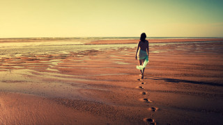 Woman walking beach surfboard footprints - beach free wallpaper for desktop