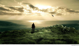 Man hill ocean bird flying 3 - a sunset in the background free wallpaper for desktop