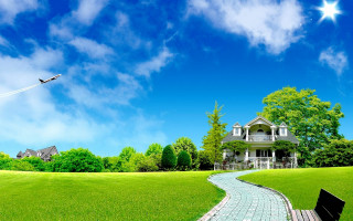 House bench grassy field pathway - a plane free wallpaper for desktop