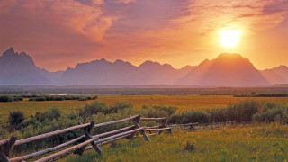Wooden fence field mountains sunset - alson s. clark free wallpaper
