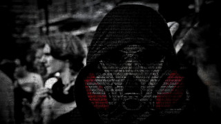 Hooded face red black words - dystopian art free wallpaper