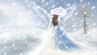 Woman blue dress umbrella snow 2 - an umbrella in the snow free wallpaper