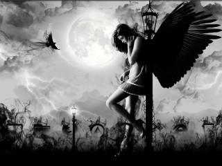 Woman wings lamp post cemetery - dark fantasy art free wallpaper