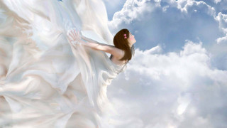 Woman white dress flying clouds - dreamlike free wallpaper for desktop