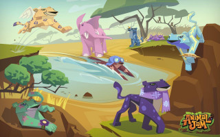 Cartoon animals pond forest trees - a group of cartoon animals free wallpaper