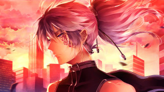 Pink hair anime girl city - skyscraper free wallpaper for desktop