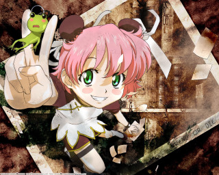 Pink hair girl frog peace - green eyes holding free wallpaper