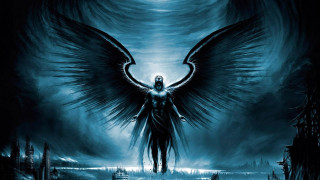 Man large wings dark sky - a full moon behind free wallpaper