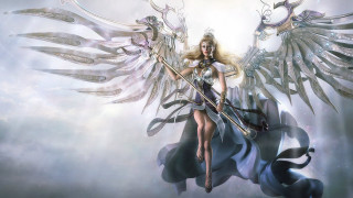 Woman sword wings cloud background - behind her free wallpaper