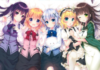 Anime girls bed teddy bear - a group of anime girls sitting next free wallpaper