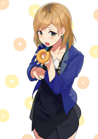 Woman holding donut blue jacket - chizuko yoshida free wallpaper for mobile