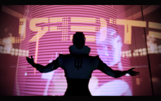 Person standing futuristic screen design - a large screen free wallpaper