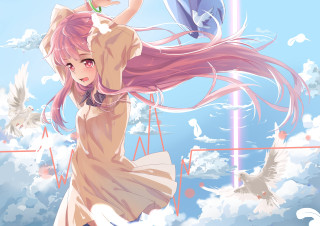 Girl pink hair flying birds - analytical art free wallpaper