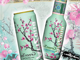 Green tea pink flowers can - vaporwave free wallpaper