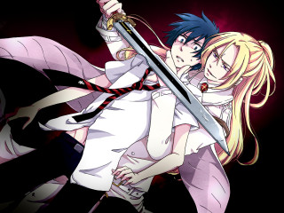 Anime couple sword black background - a couple of anime characters holding free wallpaper
