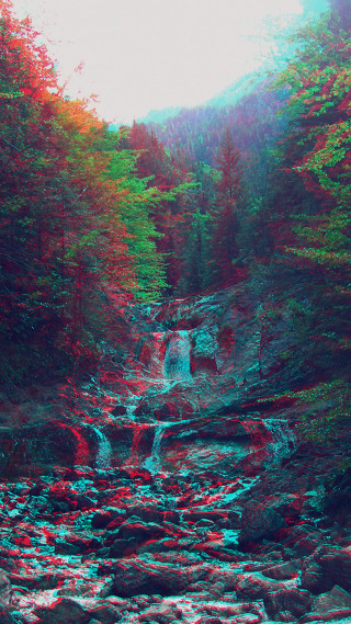 Waterfall forest rocks trees red - 3 d free wallpaper for mobile