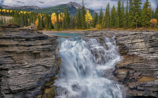Waterfall bridge trees mountains nature - the background and a mountain range in the distance free wallpaper