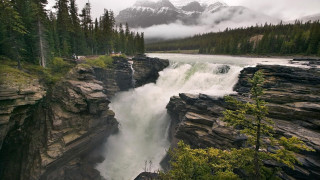 Waterfall man forest mountains fog - fog free wallpaper for desktop