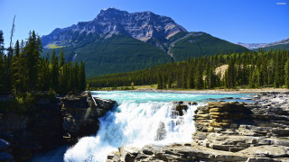 Waterfall mountain river forest bridge - a mountain in the background and trees free wallpaper