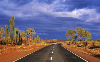 Long road cloudy sky trees - both side of the road free wallpaper