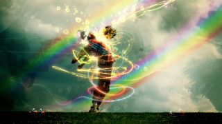 Man running field rainbow sky - energetic free wallpaper for desktop