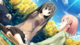 Anime girls bench tree yellow - a couple of anime girls sitting next free wallpaper