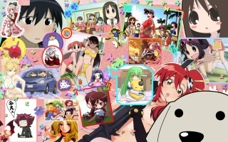 Anime collage dog cat car - a car in the background free wallpaper