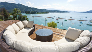 Couch table deck water boats - a view of a lake free wallpaper