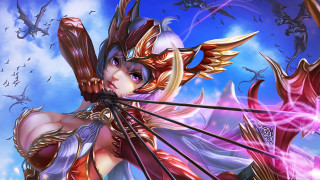 Woman bow arrows sky birds - in the foreground free wallpaper for desktop