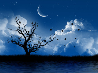 Bare tree crescent moon cloudy - dreamlike free wallpaper for desktop