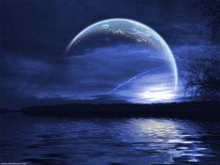 Blue moon lake tree line - free space wallpaper for desktop