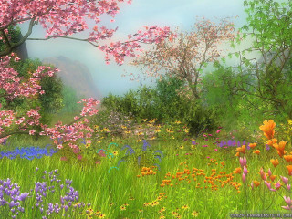 Field flowers trees mountain blue - a painting of a field free wallpaper