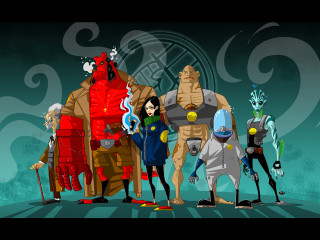Cartoon characters group blue background 7 - lovecraftian free wallpaper
