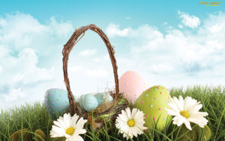 Basket eggs daisies grass blue - a basket free wallpaper for desktop
