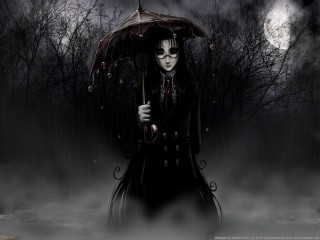 Gothic woman umbrella forest night 4 - a full moon behind her free wallpaper