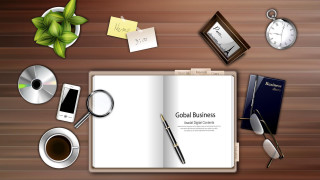 Desk book pen phone magnifyingglass - illustration free wallpaper