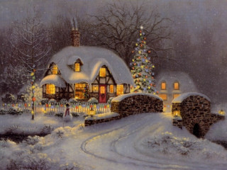 House christmas tree lit backyard - kinkade free wallpaper