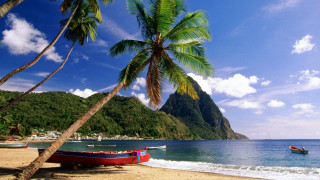 Beach boat palm trees mountain - felipe seade free wallpaper