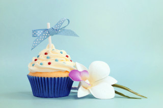 Cupcake flower candle blue ribbon - a cupcake free wallpaper