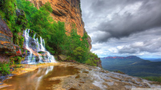 Waterfall mountains cloudy sky cascading - arthur quartley free wallpaper for desktop