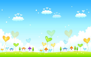 Green field hearts flying houses - a green field free wallpaper for desktop