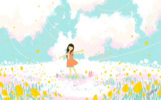 Girl field flowers kite sky - amy sol free wallpaper for desktop