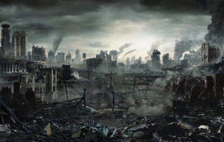 City smoke debris buildings background - apocalyptic free wallpaper for desktop