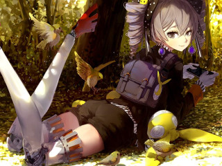 Woman laying ground backpack bird - above her head free wallpaper for desktop